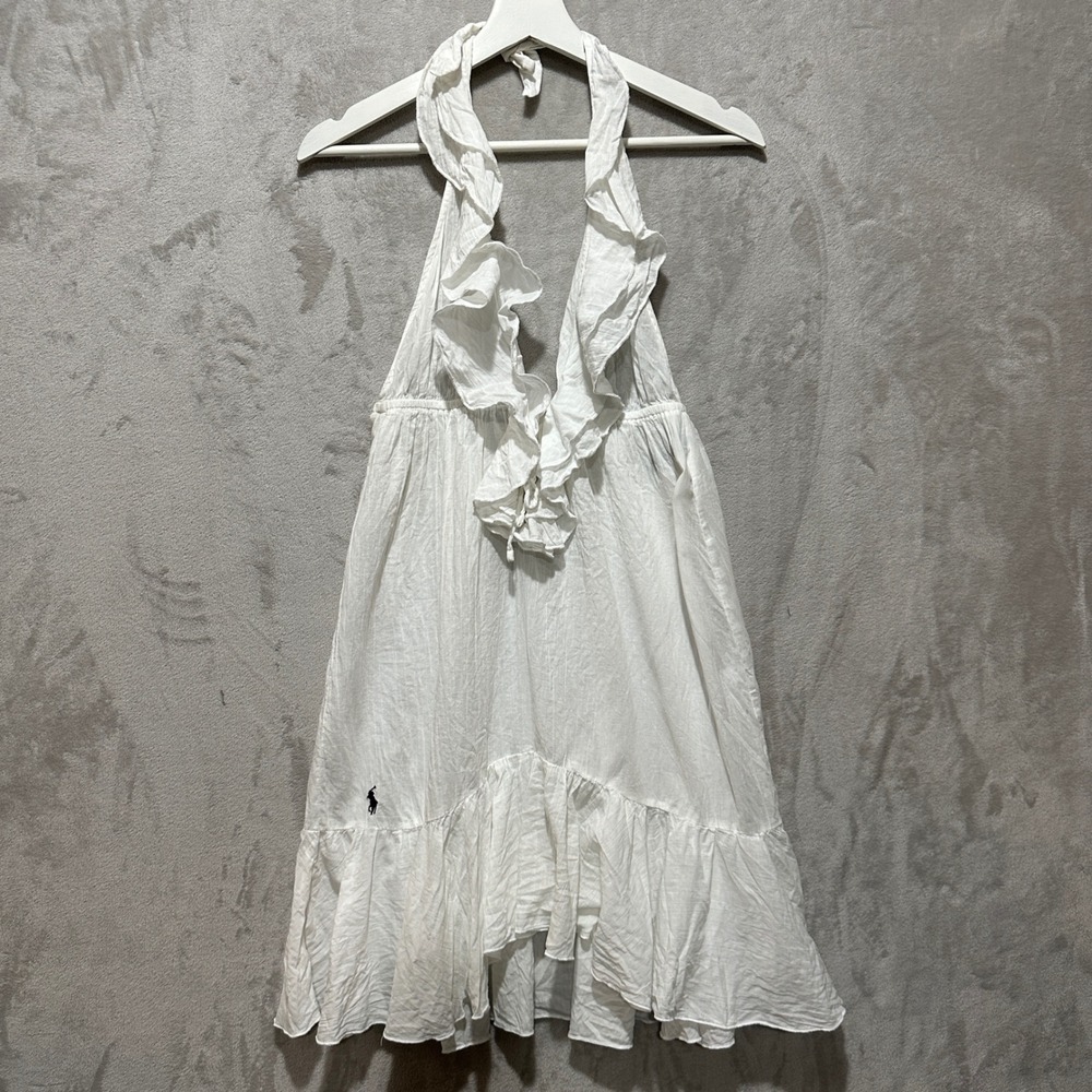 Vintage Ralph Lauren Lightweight White Cotton Gauze Halter Ruffle Dress Size M
